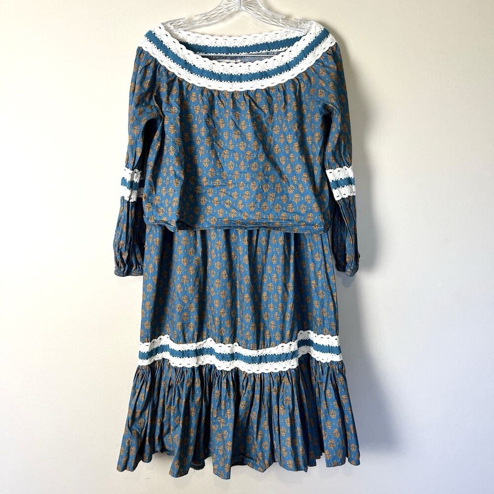 LUNA MOON Skirt Set Womens Small Blue Peasant Crochet Trim Boho Skirt Set NEW